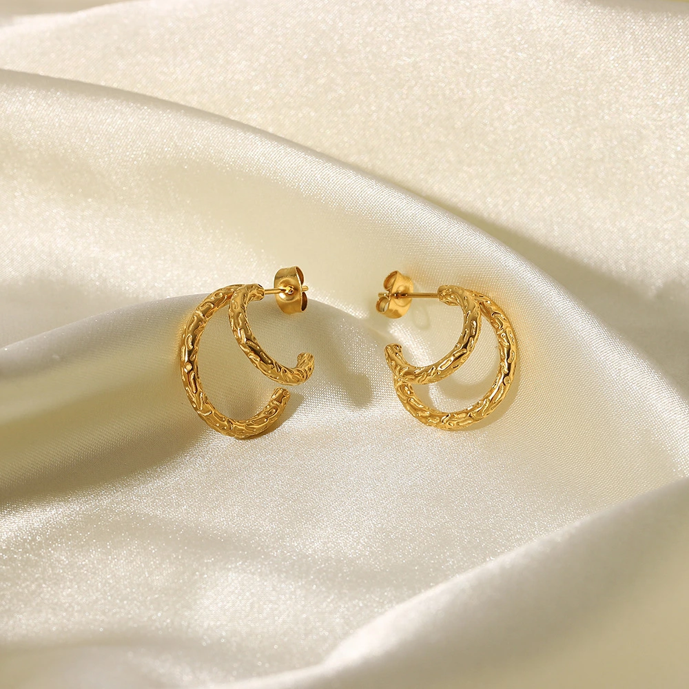 18K Gold Plated Irregular Hammer Print Double Line Earrings