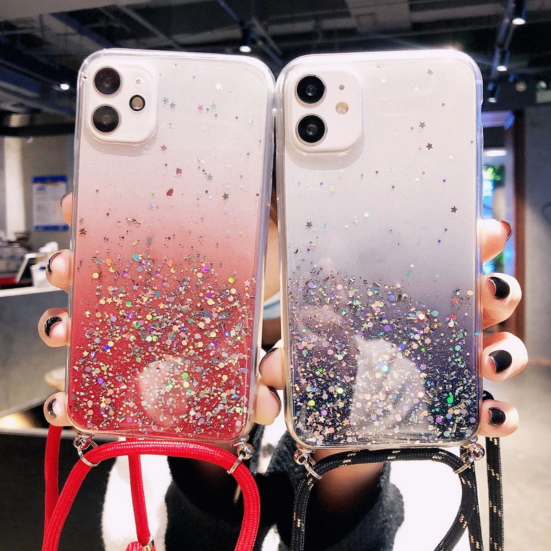 Transparent Glitter Gradient Epoxy Drop-resistant Starry Sky Lanyard Phone Case