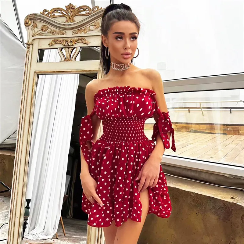 Women's Polka Dot Printed Waistband Off Shoulder Strap With Ruffle Lace Dress