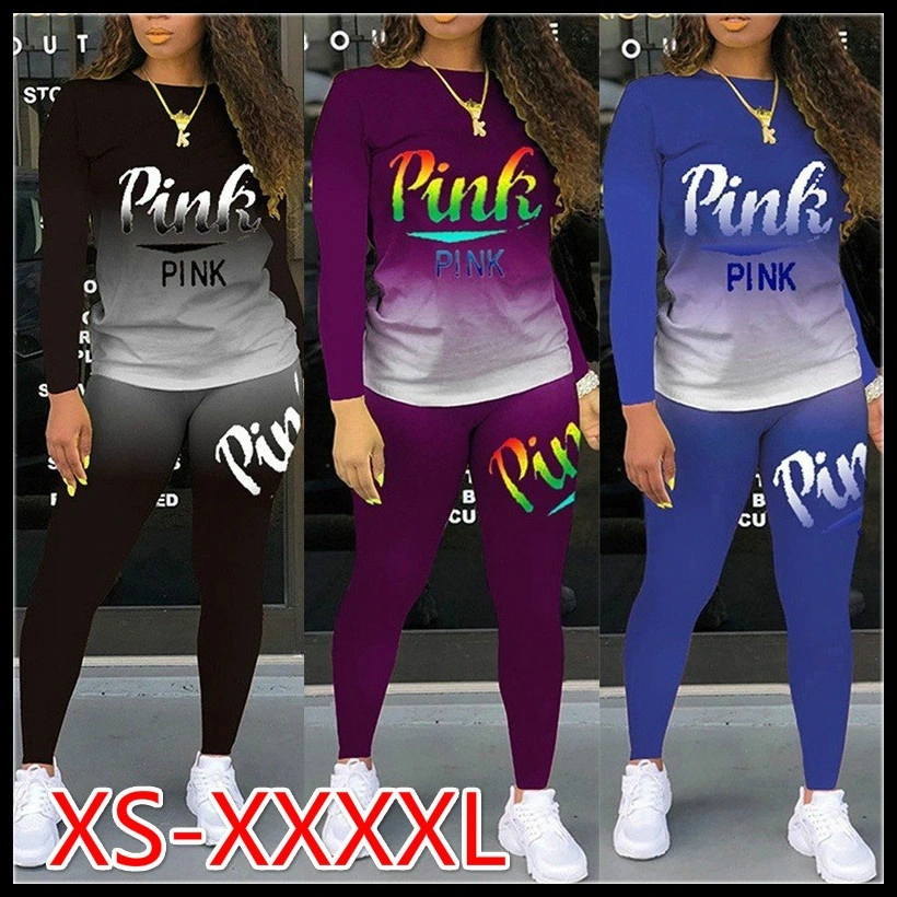 New Trend Two-Piece Set Women Sweatshirts Set Pink Printed Hoodie Pants Sweater Set Sportswear for Women's Clothing Large Size