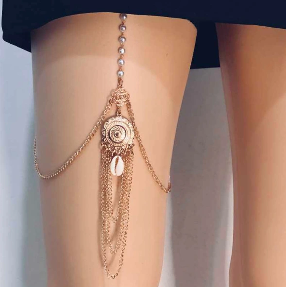 European And American Personalized Long Multi-layer Metal Shell Pearl Leg Bracelet