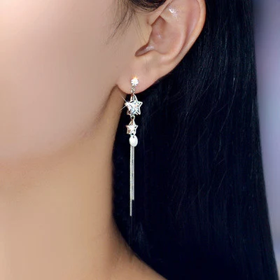 925 Sterling Silver Jewelry Female Star Zircon Tassel Earrings