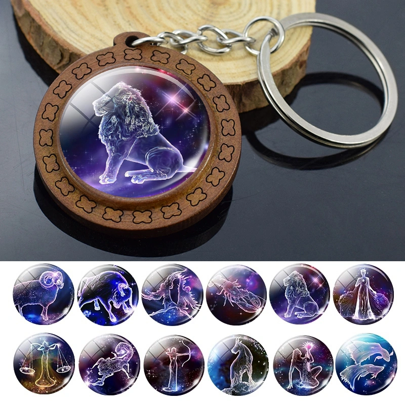 Constellation Keychain Wood Carved Time Gem Pendant