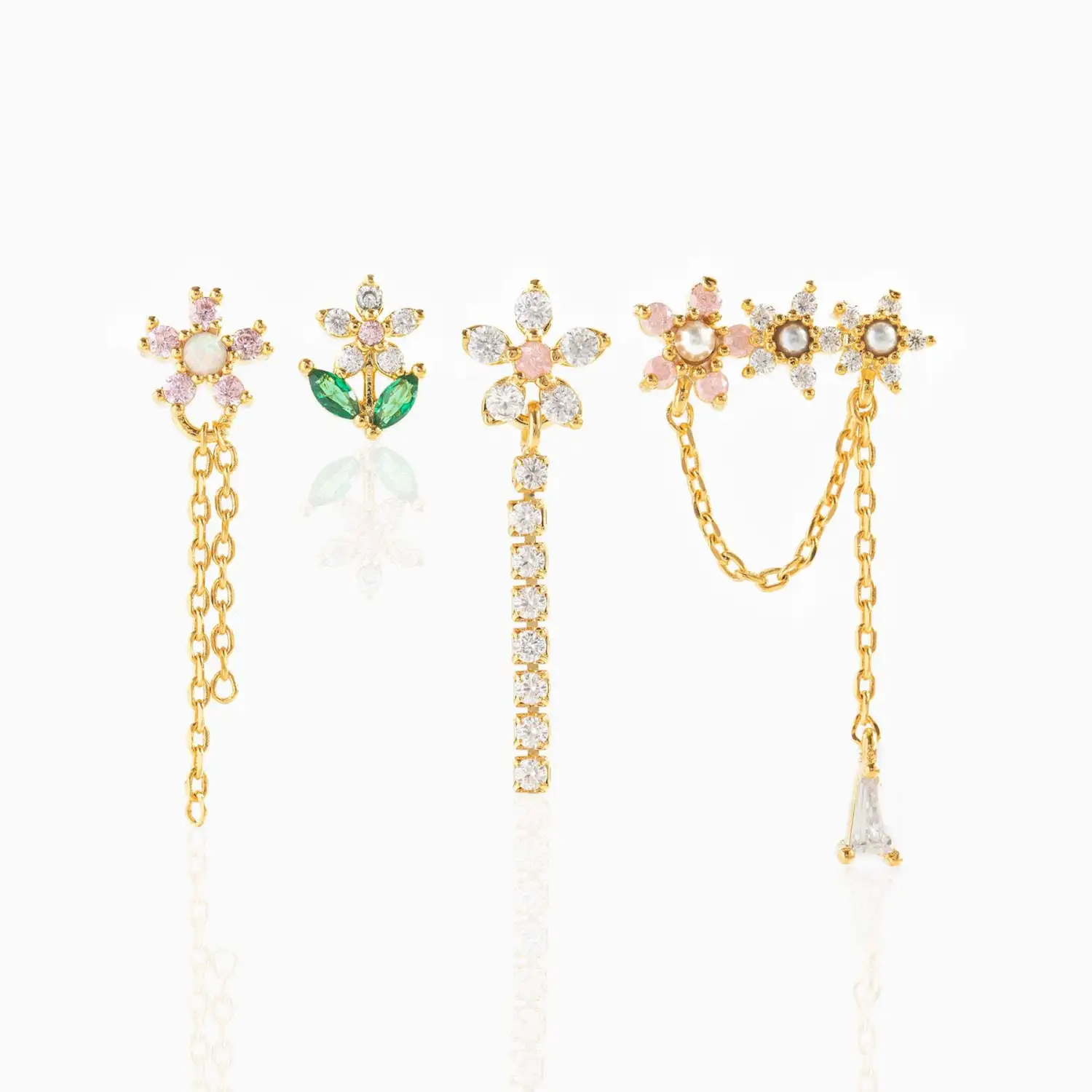 Flower Chain Stud Earrings Set Of Five