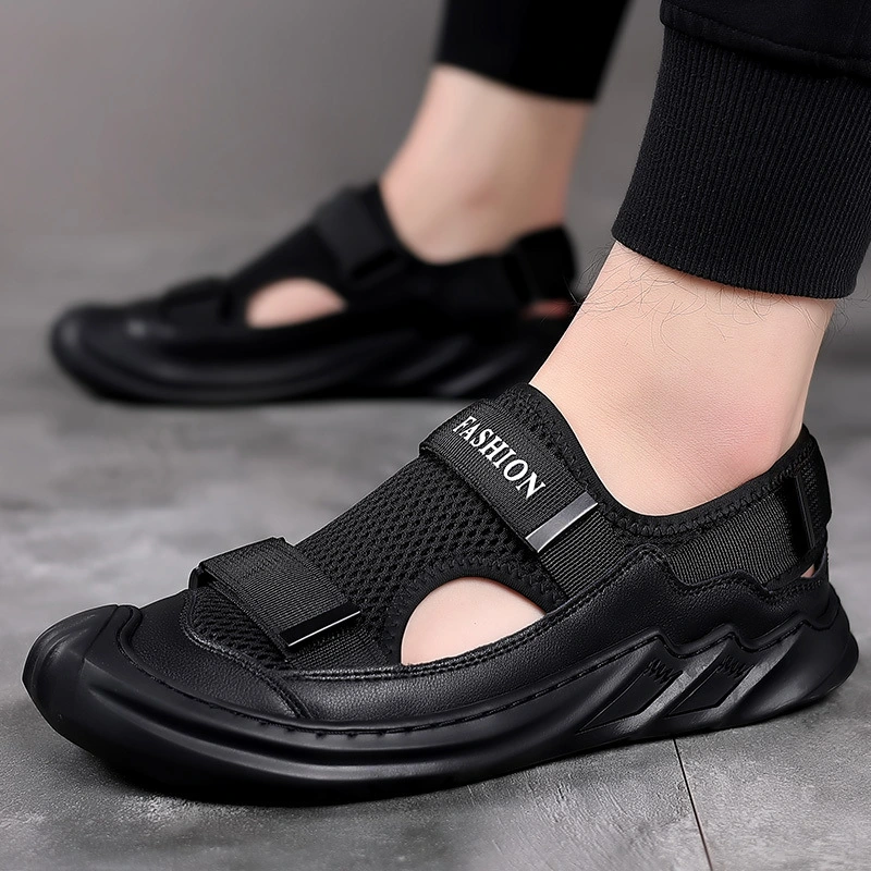 Men's Leather Breathable Closed Toe Mesh Surface Soft Bottom Sandals