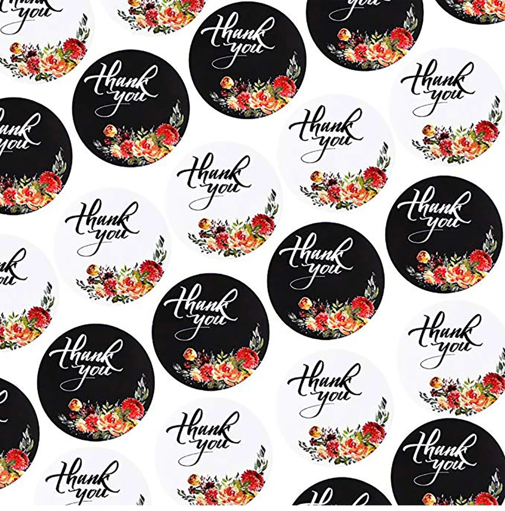 Black And White Flowers Thank You Printed Stickers