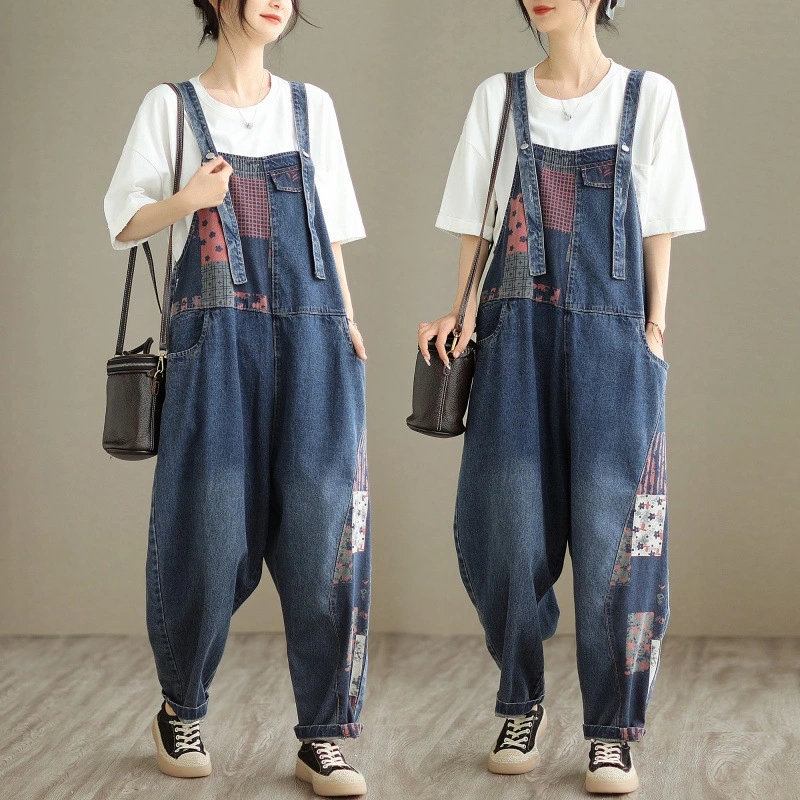 New Real Time Shooting Denim Print Spliced Nine Split Strap Pants For Women