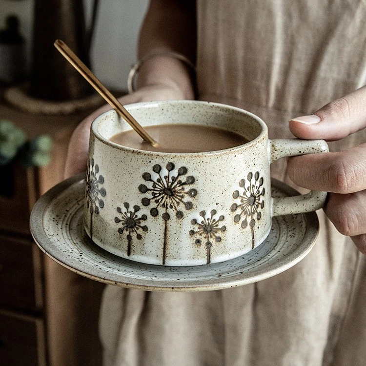 Japanese Coarse Pottery Coffee Cup And Plate Set