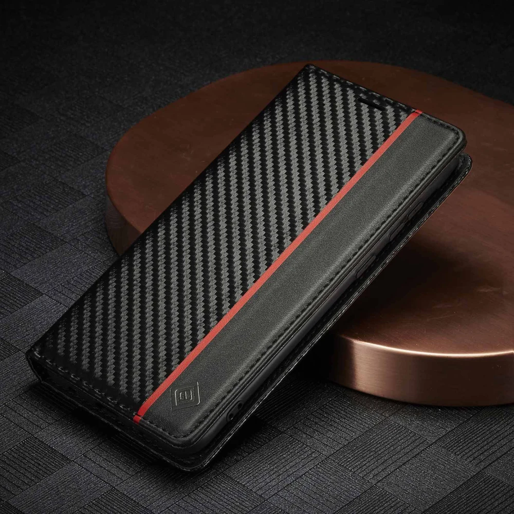 Carbon Fiber Patterned Wallet Leather Case, Card Insertion Flip Protective Cover