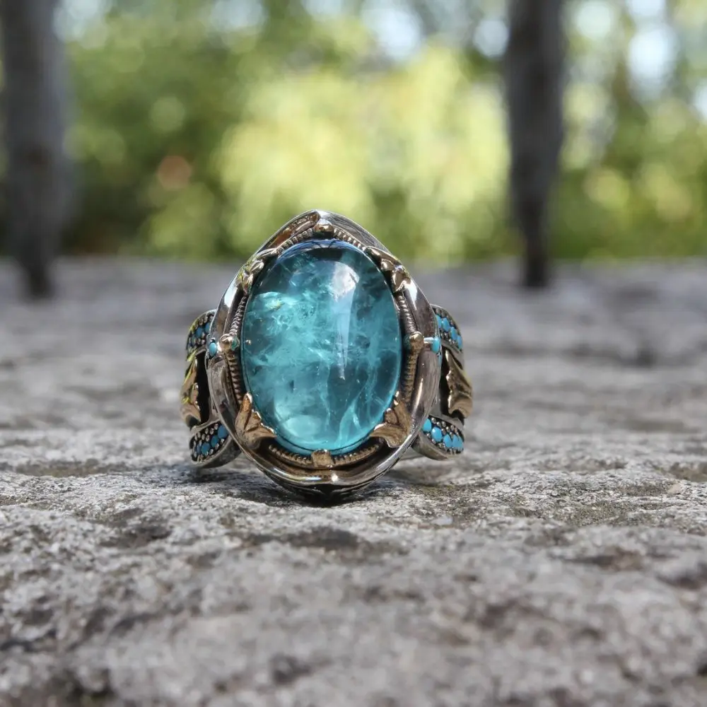 Carved Blue Gemstone Ring In Two Colors