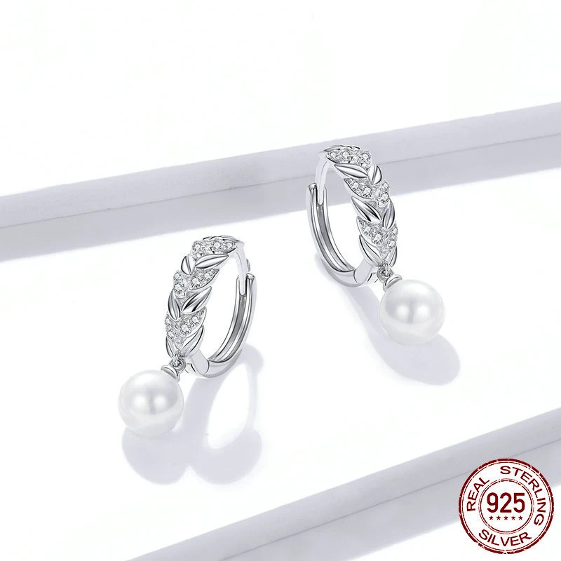 Sterling Silver S925 Earrings Fashion Plated Platinum Shell Ear Buckle Zircon Ear Studs