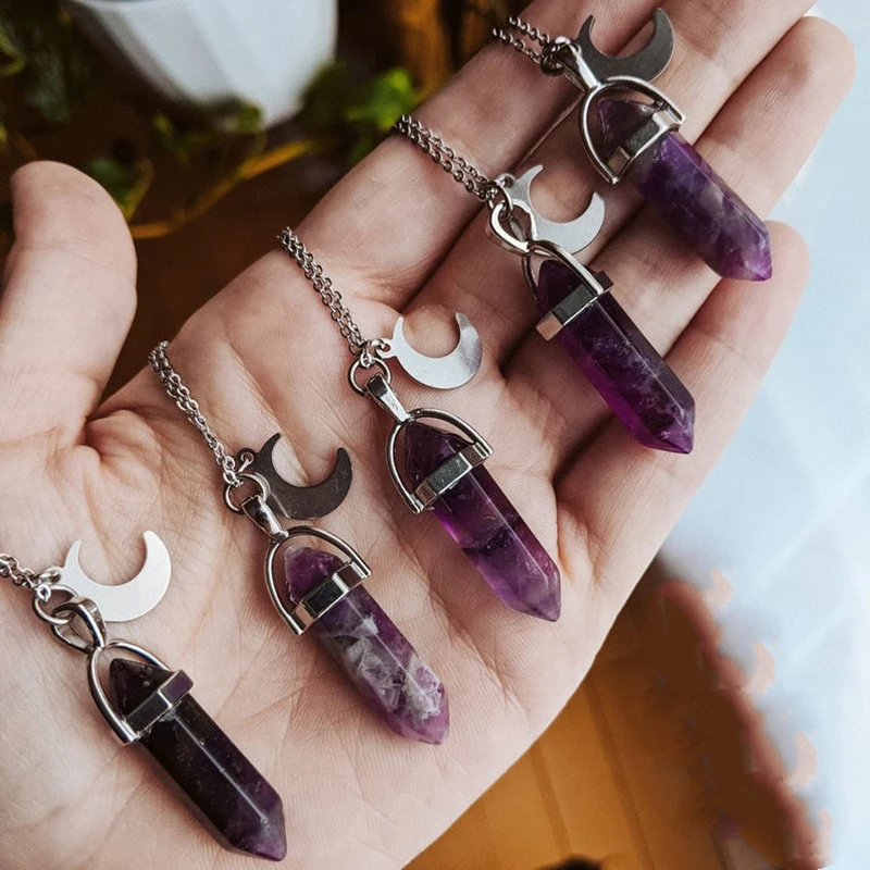 Fashion Jewelry Purple Crystal Hexagon Pillar Pendant Necklace