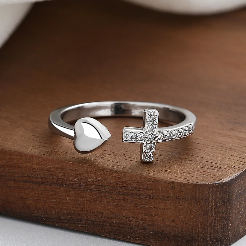 Cross Heart Ring With Rhinestones Open Adjustable Ring Ins Fashion Jewelry Accessories