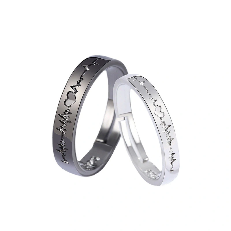  Korean Romantic Black And White Heart ECG Ring Fashion Geometry Pattern Couple Couple Rings
