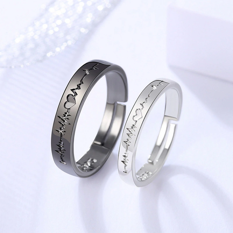  Korean Romantic Black And White Heart ECG Ring Fashion Geometry Pattern Couple Couple Rings