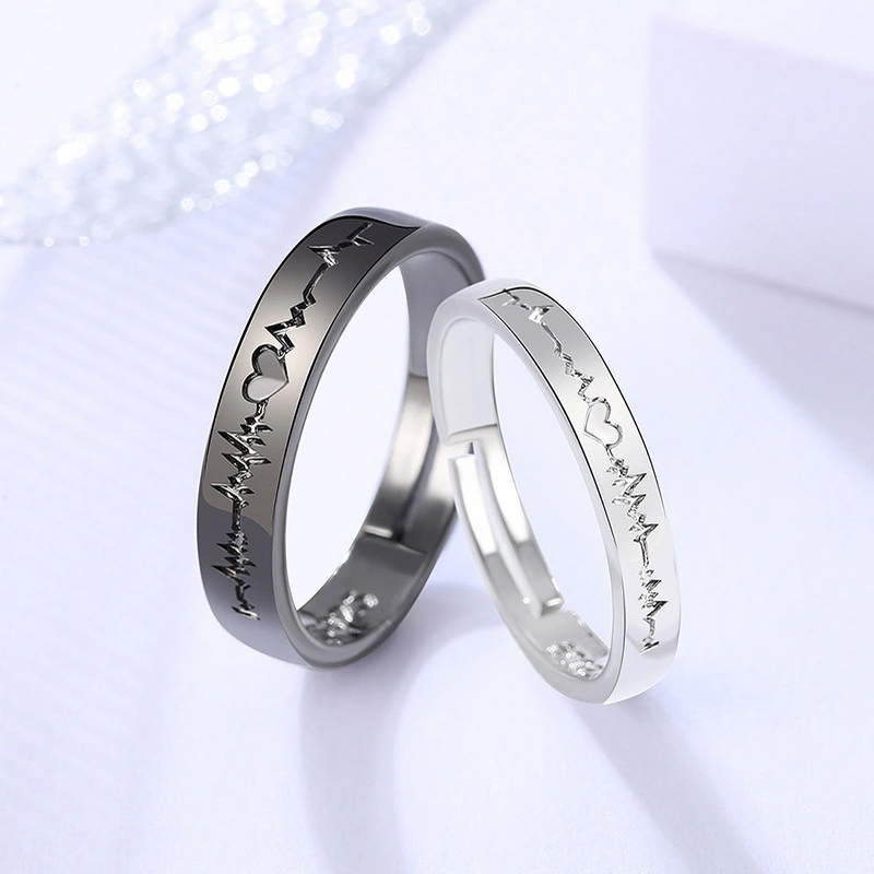  Korean Romantic Black And White Heart ECG Ring Fashion Geometry Pattern Couple Couple Rings