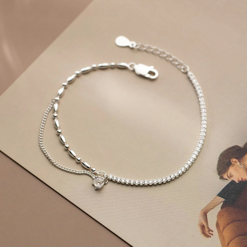 Silver Bracelet Femininity Simple Row Diamond Asymmetry