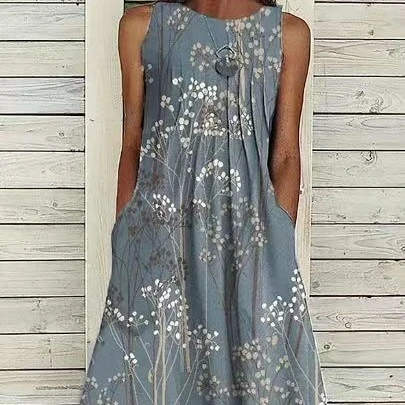 Casual Floral Round Neck Long Pocket Dress