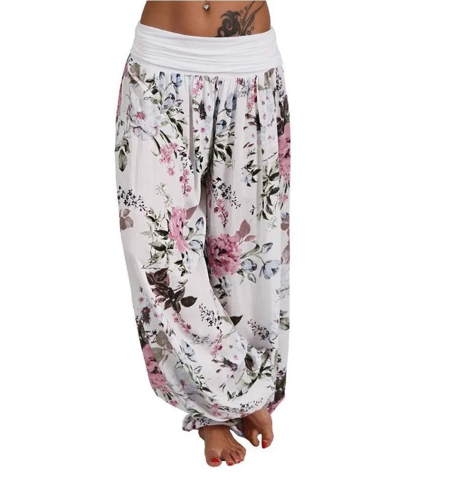 Women Bohemian Floral Print Long Pants Mid Waist Vintage Harem Pants Elastic Waist Boho Beach Trousers Plus Size 5XL