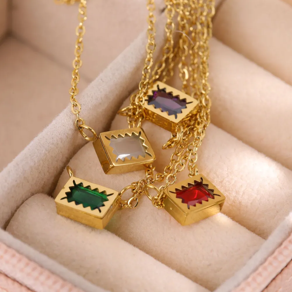 Square Birthstone Zircon Necklace For Simple And Fashionable Women