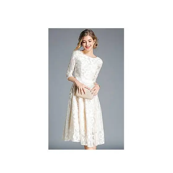 Women's Clothing New Half Sleeve Women's Slim-fit Mid-length Lace Embroidered Large Swing Dress