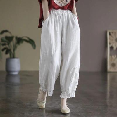 Retro Solid Color Harem Pants Summer New High-density Linen Lace Patch Lace Casual Pants For Women 2207