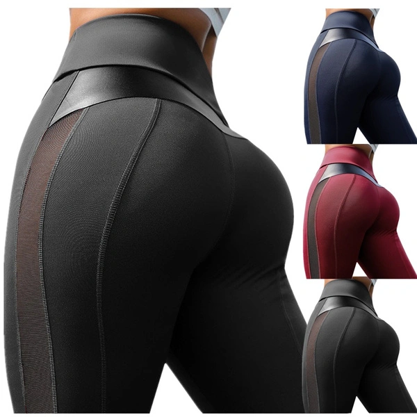 Fashion Women's Stretchy Mesh & Leather Patchwork High Waist Tummy Control Sport Yoga Running Pants GYM Fitness Leggings