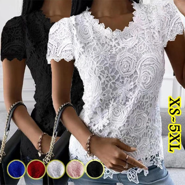 Plus Size Fashion Women's Clothing Short Sleeved Tops Solid Color Lace Hollow-Out Shirts Soft and Comfortable Slim Fit Casual Pullover Blouse Ladies Fashion Clothes S-5XL