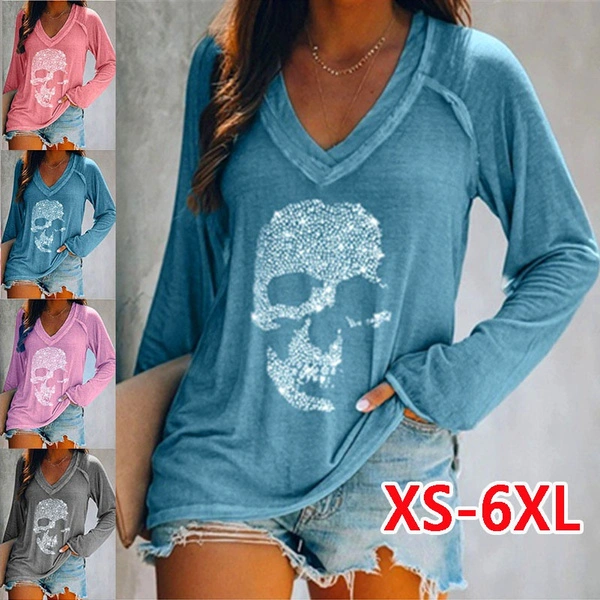 Plus Size Women Clothes Spring Summer Casual Long Sleeved Blouses Loose T-shirts Skull Printed Tops Ladies Fashion Autumn Winter V-neck Cotton Shirts