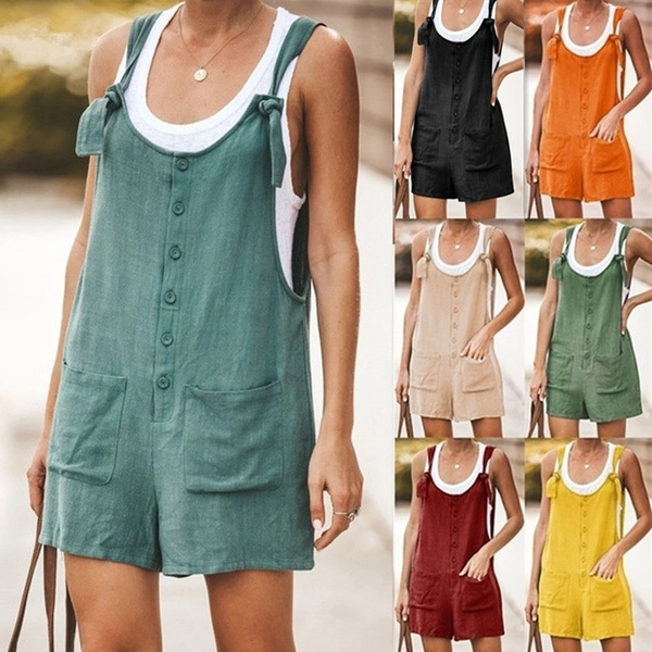 Womens Jumpsuit Summer Bib Pants Shorts Casual Loose Sleeveless Rompers Jumpsuit Suspenders Overalls XS-XXXL