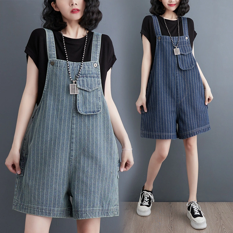 Summer New Large Vertical Stripe Denim Strap Shorts For Women