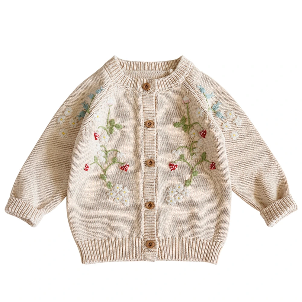 Girls' Knitted Sweater Hand Embroidered Strawberry Flower Cardigan