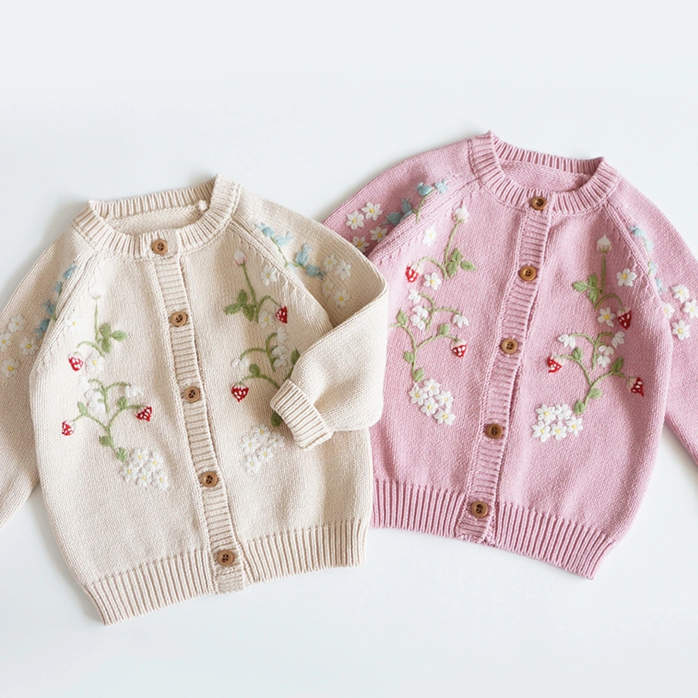 Girls' Knitted Sweater Hand Embroidered Strawberry Flower Cardigan