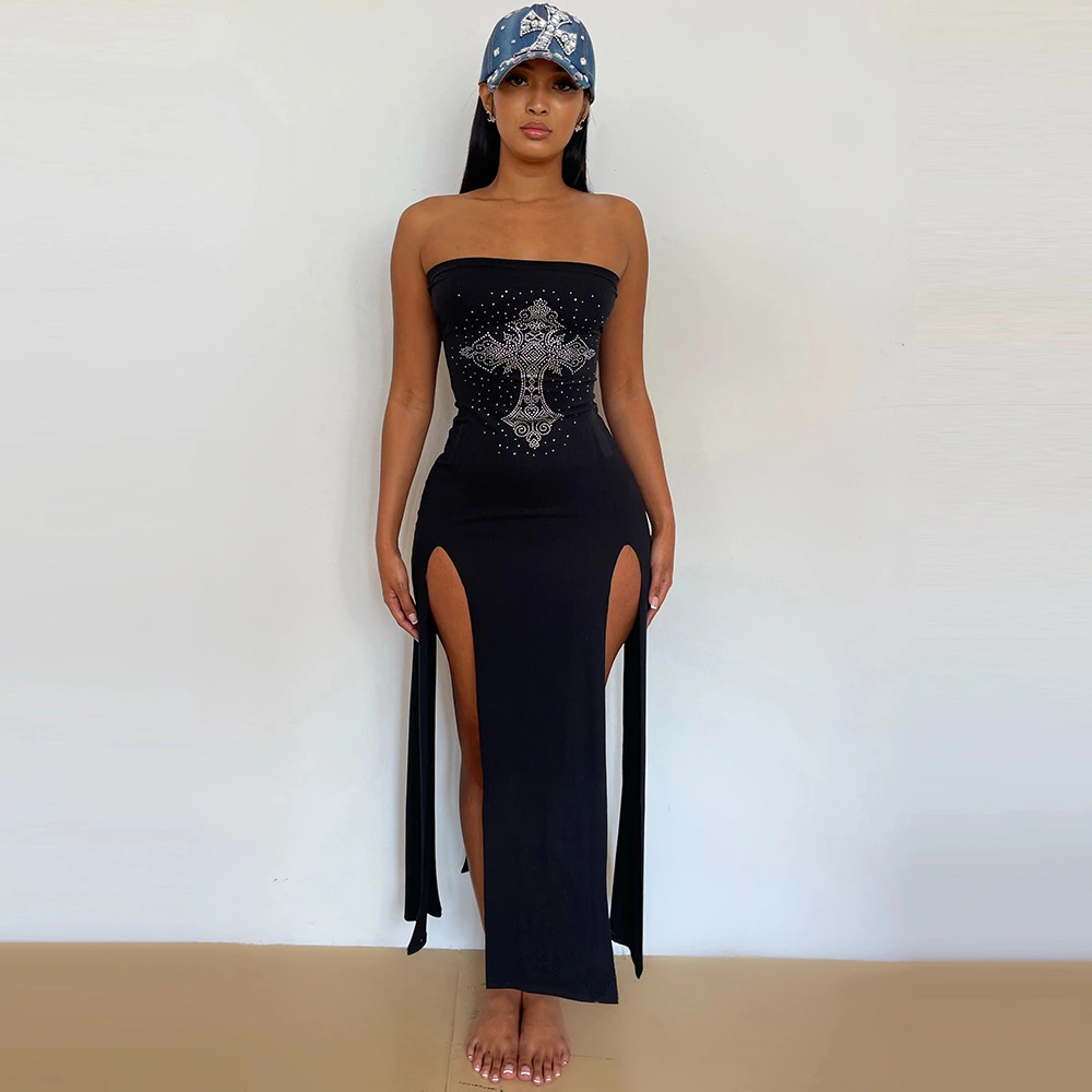 Women's New Hollow Out Waist Cross Hot Diamond Wrapped Chest Dress