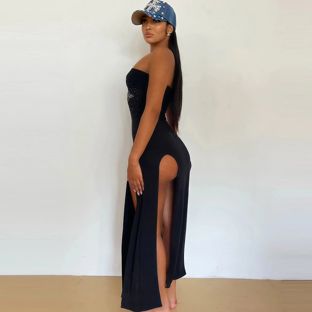 Women's New Hollow Out Waist Cross Hot Diamond Wrapped Chest Dress