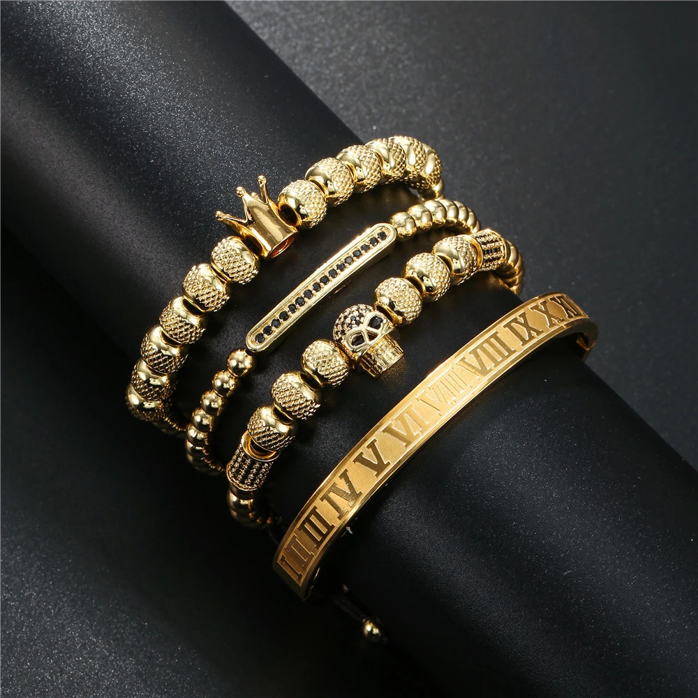 Stainless Steel Roman Letter Copper Inlaid Zircon Crown Skull Bracelet