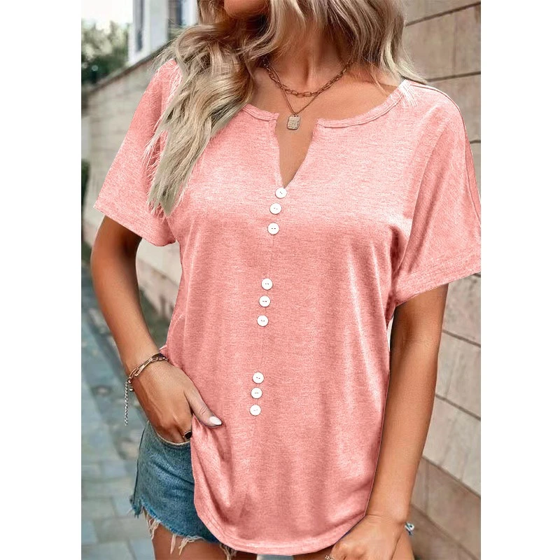 2023 Solid Color European and American Women's Soft Fashion Small V-neck Top Solid Color Short Sleeve Large