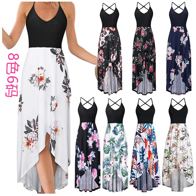 Summer European and American V -neck strap sleeveless sexy back -colored printed dress dress