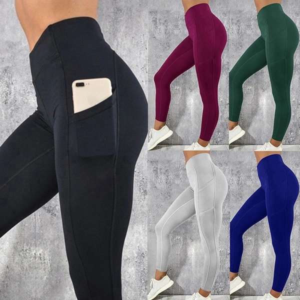 Fashion Women's Slim Yoga Pants Side Pocket Design Running Pant High Waist Stretch Gym Fitness Leggings