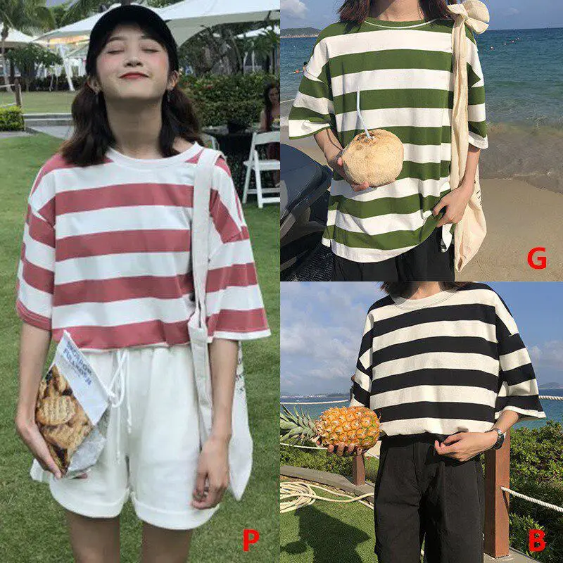 Korean Loose Round Neck Striped Casual Half Sleeve T-shirt Black And White Strip 2XL