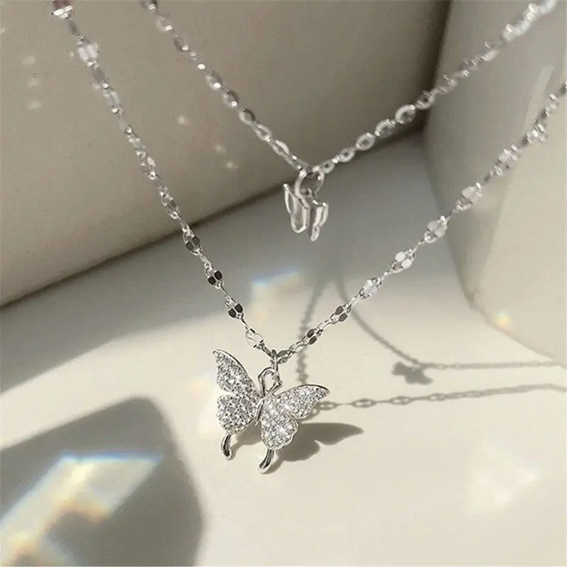 2023 New Shiny Butterfly Necklace For Woman Girls Ladies Exquisite Double Layer Clavicle Chain Necklace Fashion Jewelry Gift