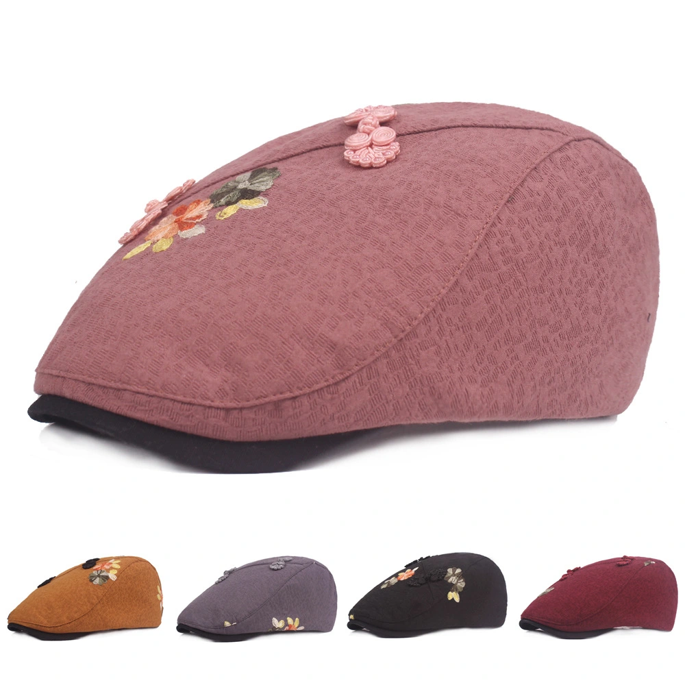 Chinese Style Peaked Cap Women's Flower Beret National Style Retro Buckle Forward Hat Cotton and Hemp Women's Hat