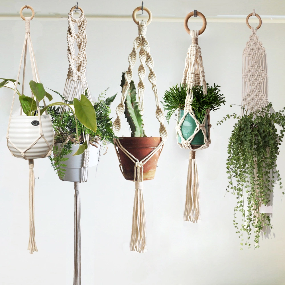 Green Hand Woven Fine Cotton Rope Mesh Pocket Hanging Basket