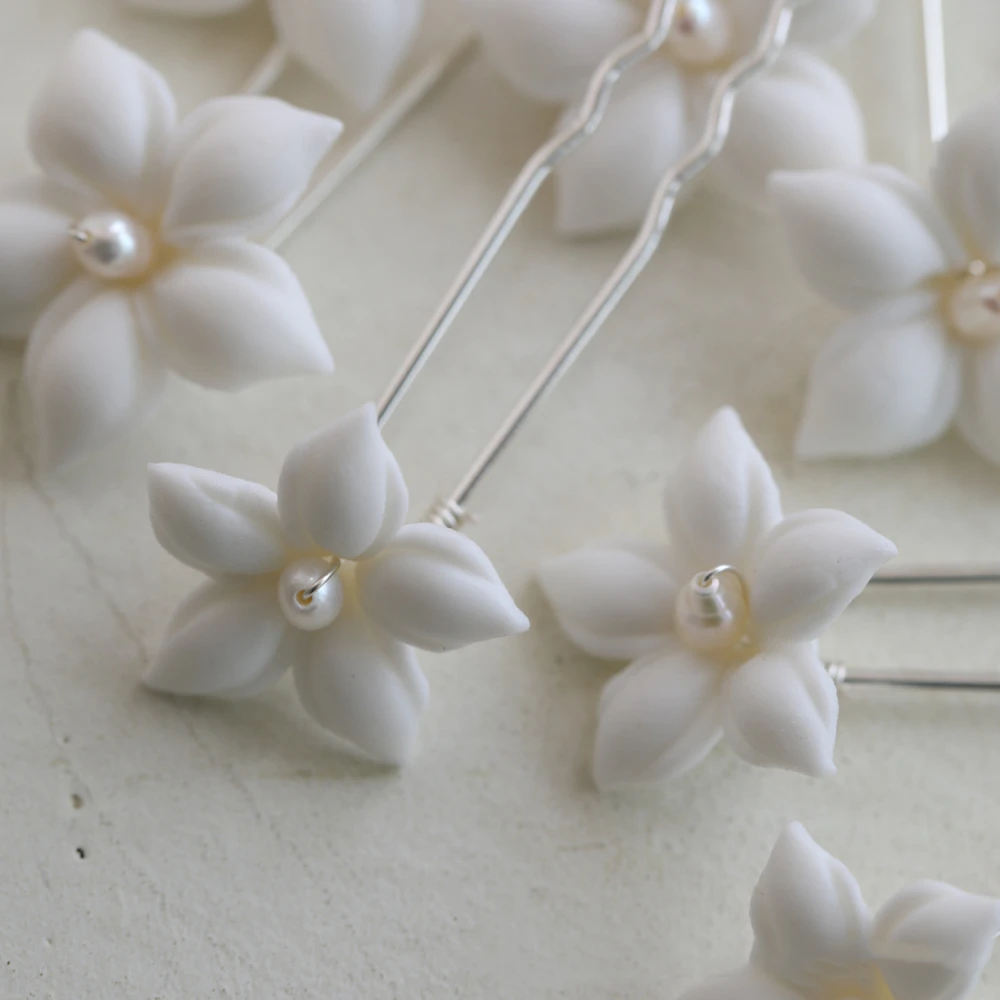 Ceramic Flower Hair Fork 2cm White Flower Bridal Headpiece