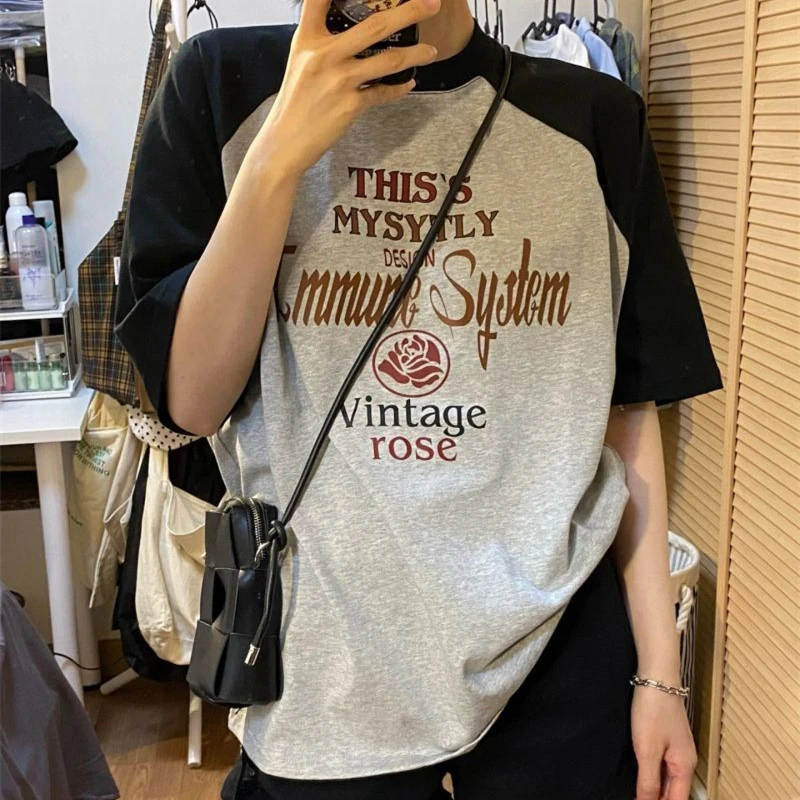 Women's Fashion Retro Collision Color Inserted Shoulder Short-sleeved T-shirt