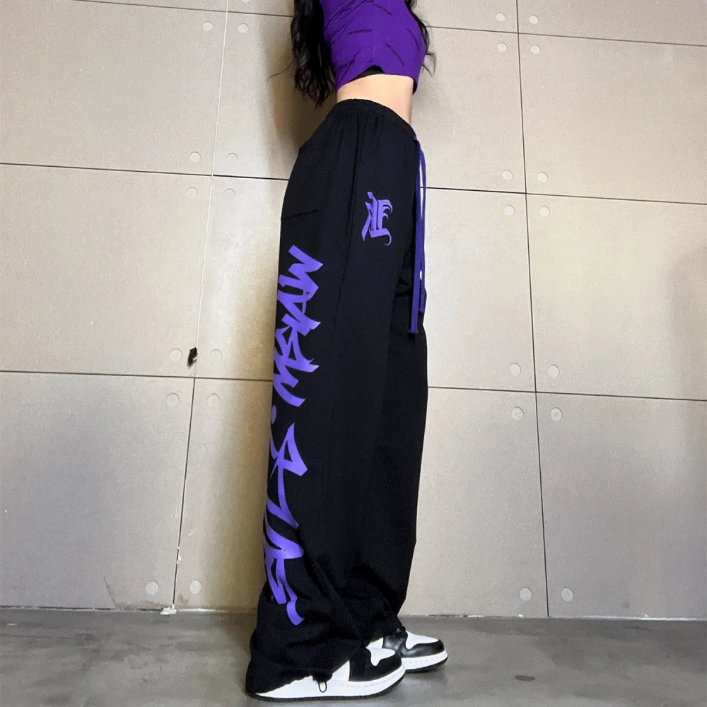 Women's Black Purple Drawstring Printed Jazz Sweatpants