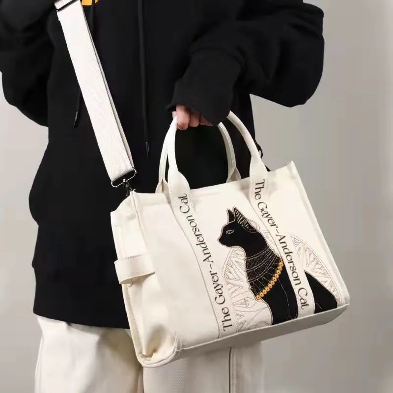 Cat Embroidered Canvas Shoulder Bag Letter Print Handbags Leisure Daily Students Preppy Style Messenger Crossbody Bags