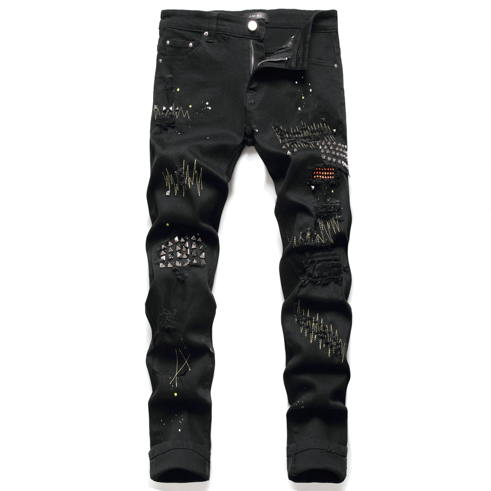 Men's Autumn And Winter Slim Fit Skinny Pants Stretch Black Ripped Patch Beaded Trousers