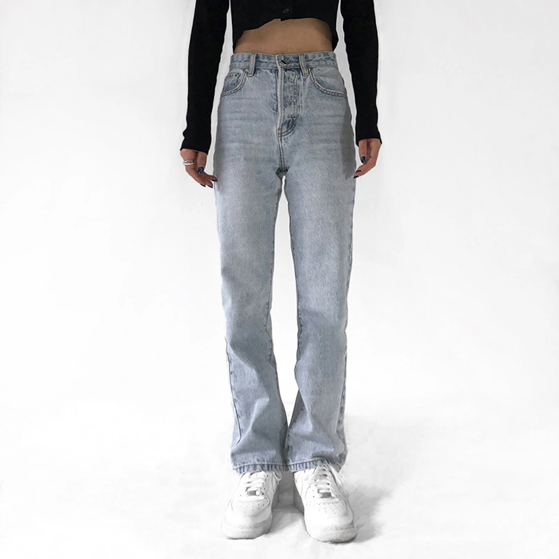 Washed And Worn High Waist Bag Buttocks Are Thin Straight Denim Trousers