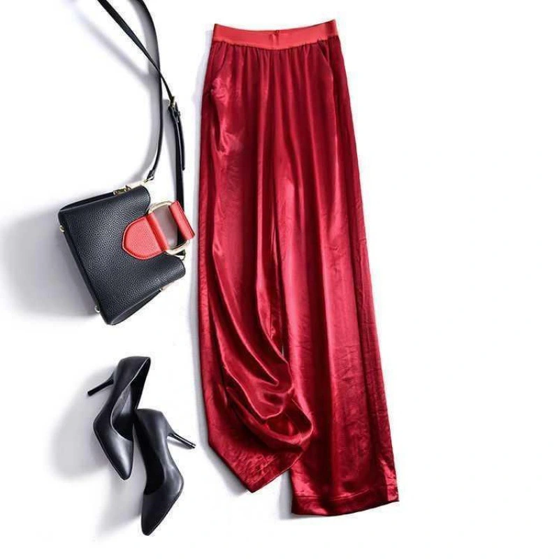 Three Acetate Wide-leg Pants, High Waist Drape, Silky Ice Silk Straight